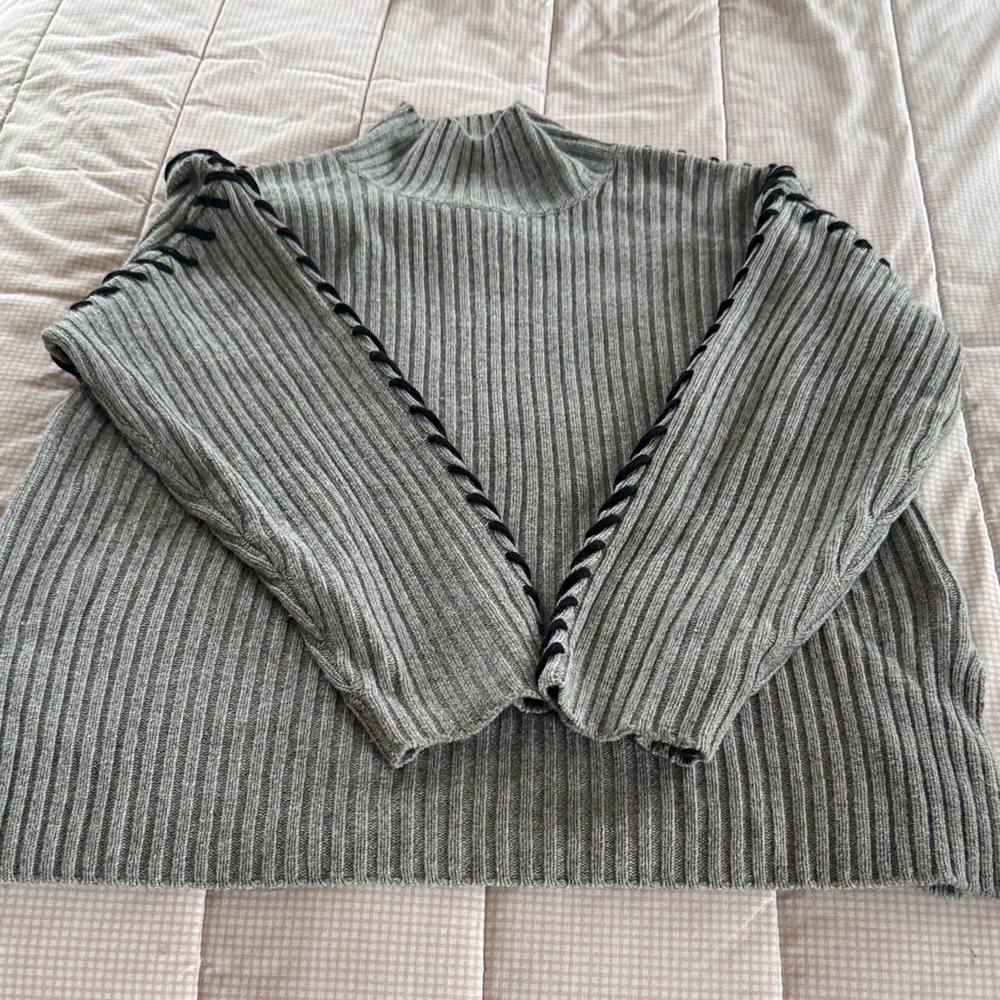 Rails Charcoal Ribbed Turtleneck Sweater with Black Lace-Up Sleeves